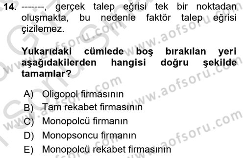 Mikro İktisat Dersi 2024 - 2025 Yılı (Final) Dönem Sonu Sınav Soruları 14. Soru