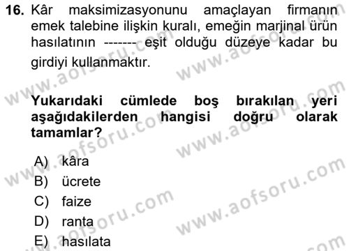 Mikro İktisat Dersi 2024 - 2025 Yılı (Final) Dönem Sonu Sınav Soruları 16. Soru