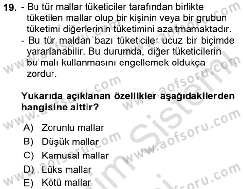 Mikro İktisat Dersi 2024 - 2025 Yılı (Final) Dönem Sonu Sınav Soruları 19. Soru