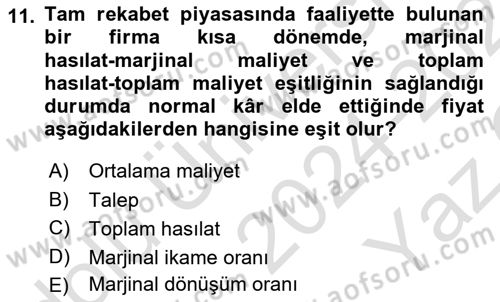 Mikro İktisat Dersi 2024 - 2025 Yılı Yaz Okulu Sınav Soruları 11. Soru