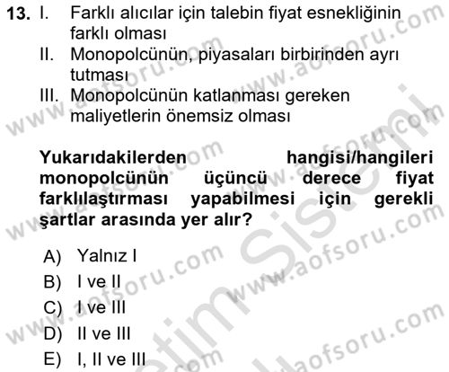 Mikro İktisat Dersi 2024 - 2025 Yılı Yaz Okulu Sınav Soruları 13. Soru