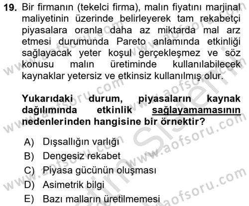 Mikro İktisat Dersi 2024 - 2025 Yılı Yaz Okulu Sınav Soruları 19. Soru