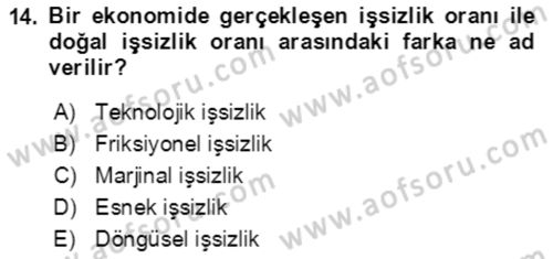 Makro İktisat Dersi 2021 - 2022 Yılı (Final) Dönem Sonu Sınavı 14. Soru