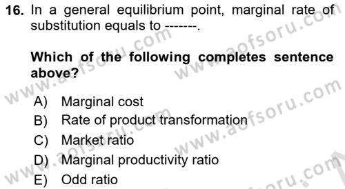 Microeconomic Theory Dersi 2023 - 2024 Yılı (Final) Dönem Sonu Sınav Soruları 16. Soru
