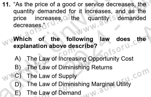 Microeconomic Theory Dersi Ara Sınavı Deneme Sınav Soruları 11. Soru