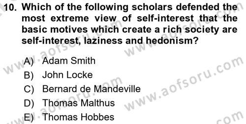 History Of Economic Thought Dersi 2024 - 2025 Yılı (Vize) Ara Sınav Soruları 10. Soru