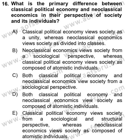 History Of Economic Thought Dersi 2025 - 2026 Yılı (Final) Dönem Sonu Sınav Soruları 16. Soru