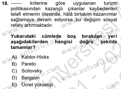 Turizm Ekonomisi Dersi 2021 - 2022 Yılı Yaz Okulu Sınav Soruları 18. Soru