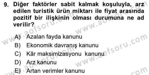 Turizm Ekonomisi Dersi 2022 - 2023 Yılı Yaz Okulu Sınav Soruları 9. Soru