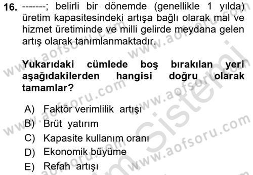 Turizm Ekonomisi Dersi Ara Sınavı Deneme Sınav Soruları 16. Soru