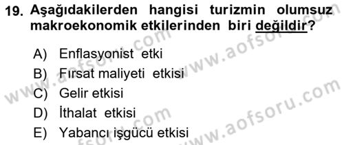 Turizm Ekonomisi Dersi Ara Sınavı Deneme Sınav Soruları 19. Soru