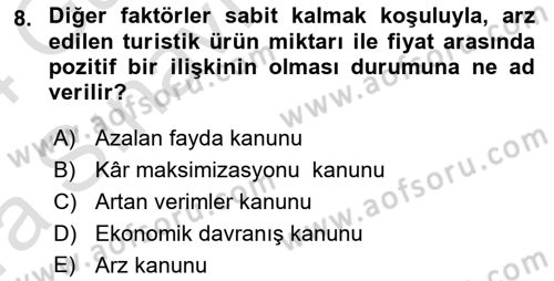 Turizm Ekonomisi Dersi 2023 - 2024 Yılı (Vize) Ara Sınav Soruları 8. Soru