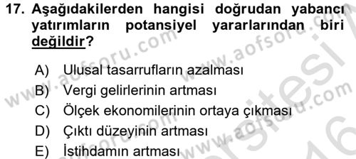 Uluslararası İktisat Dersi 2015 - 2016 Yılı (Final) Dönem Sonu Sınav Soruları 17. Soru
