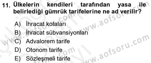 Uluslararası İktisat Dersi 2015 - 2016 Yılı Tek Ders Sınavı 11. Soru