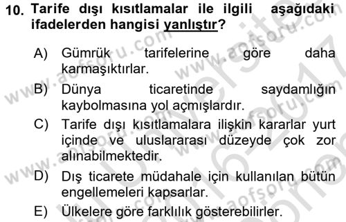 Uluslararası İktisat Dersi 2016 - 2017 Yılı (Final) Dönem Sonu Sınav Soruları 10. Soru