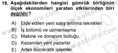 Uluslararası İktisat Dersi 2017 - 2018 Yılı (Vize) Ara Sınav Soruları 18. Soru