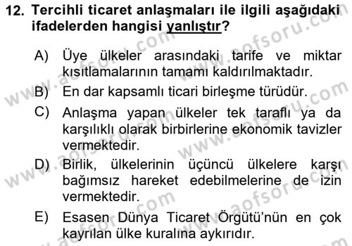 Uluslararası İktisat Dersi 2020 - 2021 Yılı Yaz Okulu Sınav Soruları 12. Soru
