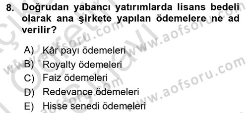 Uluslararası İktisat Dersi 2020 - 2021 Yılı Yaz Okulu Sınav Soruları 8. Soru