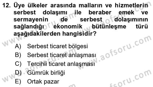Uluslararası İktisat Dersi 2021 - 2022 Yılı (Final) Dönem Sonu Sınav Soruları 12. Soru