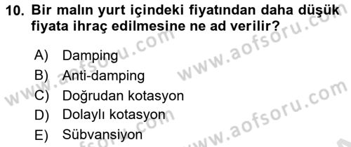 Uluslararası İktisat Dersi 2021 - 2022 Yılı Yaz Okulu Sınav Soruları 10. Soru