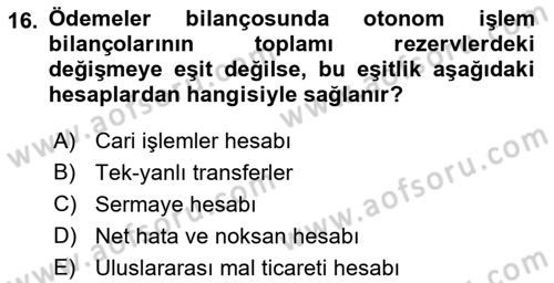 Uluslararası İktisat Dersi 2021 - 2022 Yılı Yaz Okulu Sınav Soruları 16. Soru