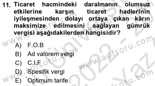 Uluslararası İktisat Dersi 2022 - 2023 Yılı Yaz Okulu Sınav Soruları 11. Soru