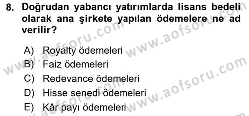 Uluslararası İktisat Dersi 2022 - 2023 Yılı Yaz Okulu Sınav Soruları 8. Soru