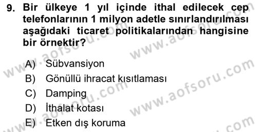 Uluslararası İktisat Dersi 2022 - 2023 Yılı Yaz Okulu Sınav Soruları 9. Soru