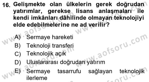 Uluslararası İktisat Dersi 2023 - 2024 Yılı (Vize) Ara Sınav Soruları 16. Soru