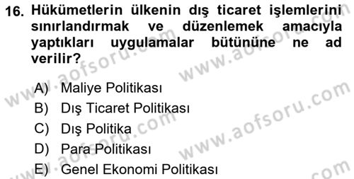 Uluslararası İktisat Dersi 2024 - 2025 Yılı (Vize) Ara Sınav Soruları 16. Soru