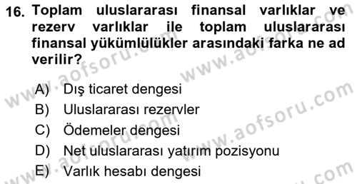Uluslararası İktisat Dersi 2024 - 2025 Yılı Yaz Okulu Sınav Soruları 16. Soru