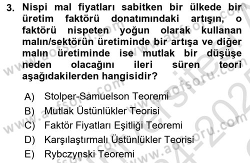 Uluslararası İktisat Dersi 2024 - 2025 Yılı Yaz Okulu Sınav Soruları 3. Soru
