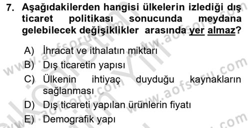 Uluslararası İktisat Dersi 2024 - 2025 Yılı Yaz Okulu Sınav Soruları 7. Soru