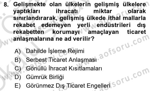 Uluslararası İktisat Dersi 2024 - 2025 Yılı Yaz Okulu Sınav Soruları 8. Soru