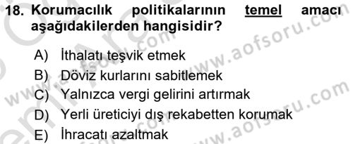 Uluslararası İktisat Dersi 2025 - 2026 Yılı (Vize) Ara Sınav Soruları 18. Soru