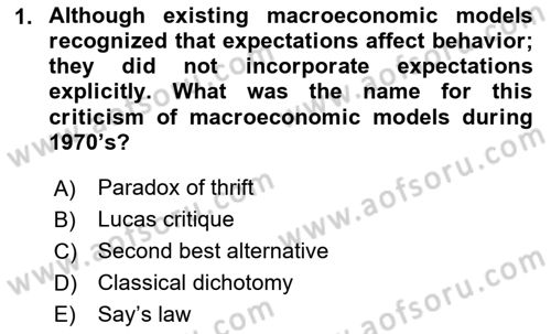 Macroeconomic Theory Dersi 2023 - 2024 Yılı Yaz Okulu Sınav Soruları 1. Soru