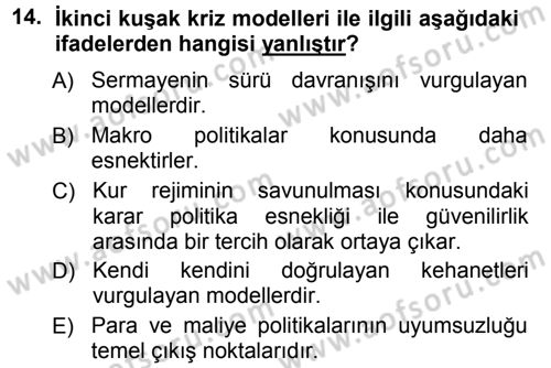 Para ve Banka Dersi Ara Sınavı Deneme Sınav Soruları 14. Soru