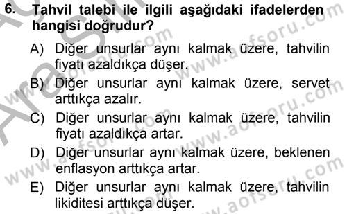 Para ve Banka Dersi Ara Sınavı Deneme Sınav Soruları 6. Soru