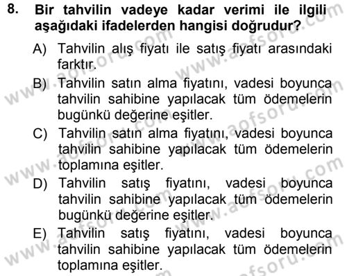 Para ve Banka Dersi Ara Sınavı Deneme Sınav Soruları 8. Soru