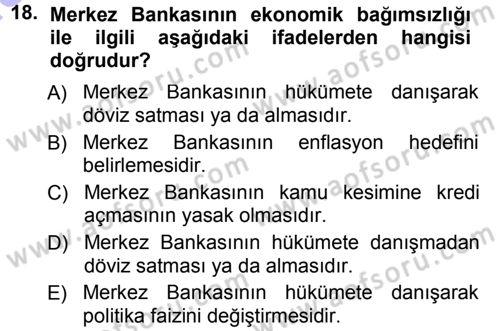 Para ve Banka Dersi 2013 - 2014 Yılı (Final) Dönem Sonu Sınavı 18. Soru