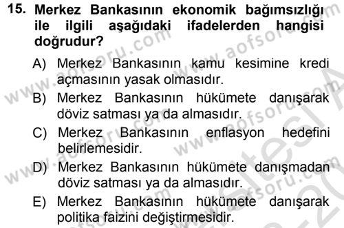 Para ve Banka Dersi 2013 - 2014 Yılı Tek Ders Sınav Soruları 15. Soru