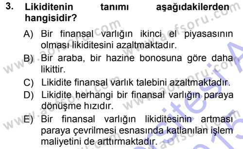 Para ve Banka Dersi Ara Sınavı Deneme Sınav Soruları 3. Soru