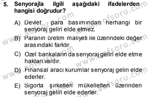 Para ve Banka Dersi Ara Sınavı Deneme Sınav Soruları 5. Soru