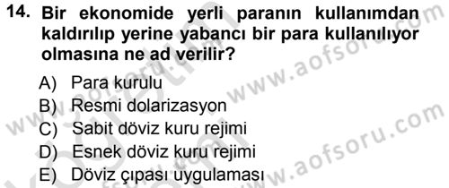 Para ve Banka Dersi 2014 - 2015 Yılı Tek Ders Sınavı 14. Soru