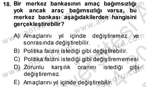 Para ve Banka Dersi 2014 - 2015 Yılı Tek Ders Sınavı 18. Soru