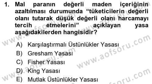 Para ve Banka Dersi Ara Sınavı Deneme Sınav Soruları 1. Soru
