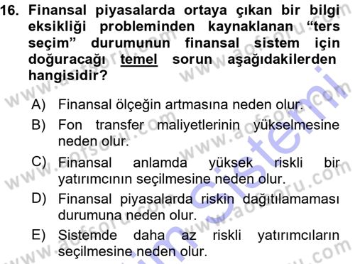 Para ve Banka Dersi 2015 - 2016 Yılı (Vize) Ara Sınav Soruları 16. Soru