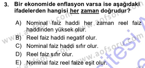 Para ve Banka Dersi Ara Sınavı Deneme Sınav Soruları 3. Soru