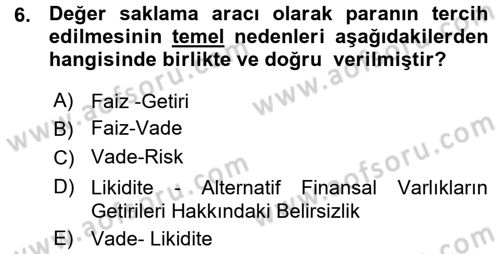 Para ve Banka Dersi 2015 - 2016 Yılı (Vize) Ara Sınav Soruları 6. Soru
