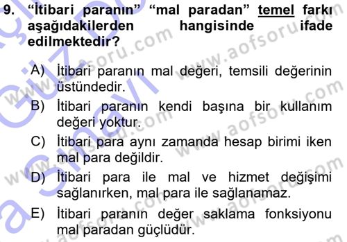Para ve Banka Dersi 2015 - 2016 Yılı (Vize) Ara Sınav Soruları 9. Soru